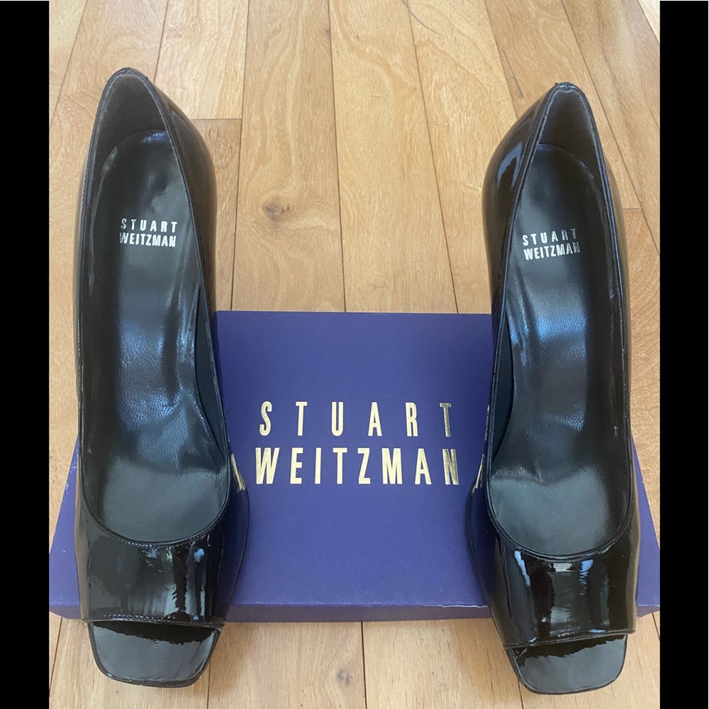 Stuart Weitzman Black Patent Linda Peep Toe Heels Size 8.5